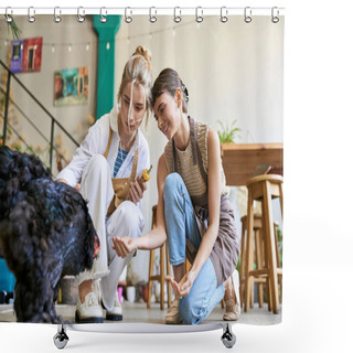Personality  Two Women Sitting On Floor, Engrossed In Watching A Bird. Shower Curtains