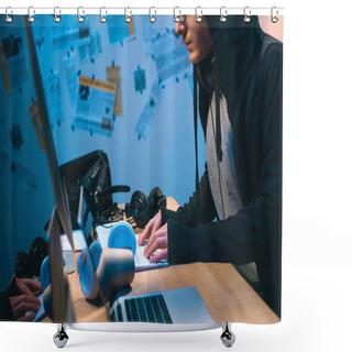 Personality  Cropped Shot Of Hooded Young Hacker Working With Computer Shower Curtains
