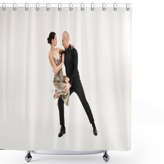 Personality  A Young Man And A Woman Acrobatically Dance Together In Perfect Sync Against A White Studio Backdrop. Shower Curtains