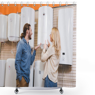 Personality  Smiling Boyfriend Pointing With Hand And Girlfriend Pointing With Fingers At Boiler In Home Appliance Store  Shower Curtains