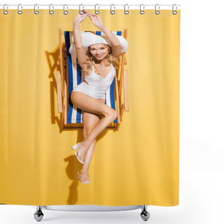 Personality  Top View Of Flirty Woman In Swimsuit And Straw Hat Stretching In Deck Chair On Yellow Shower Curtains