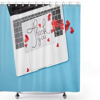 Personality  Top View Of Laptop And Card With Thank You Lettering And Paper Red Hearts On Blue Background Shower Curtains
