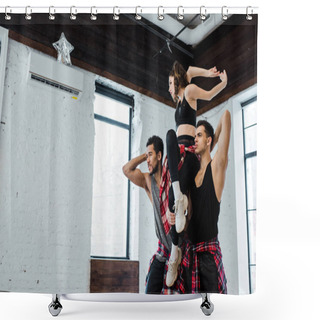 Personality  Strong Multicultural Men Holding Woman While Posing In Dance Studio  Shower Curtains