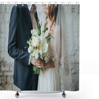Personality  Bride And Groom Holding Bouquet  Shower Curtains