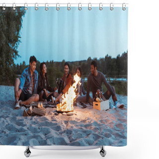 Personality  Friends Resting Near Campfire On Sandy Beach Shower Curtains