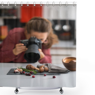 Personality  Woman Photographer Taking Photos Of Autumn Fruits And Vegetables Shower Curtains