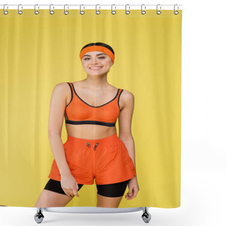 Personality  Young Woman In Orange Sportswear Smiling At Camera Isolated On Yellow Shower Curtains
