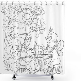 Personality  Black And White Fairytale Illustration Two Little Cute Elves Lunch In The Garden Cafe Shower Curtains