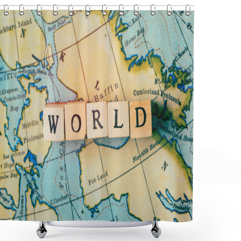 Personality  World Word Written In Wooden Blocks On A Vintage Travel Map Shower Curtains