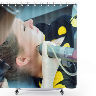 Personality  Caucasian Woman Patient On Laser Procedure Skin Resurfacing In Aesthetic Medicine. Shower Curtains