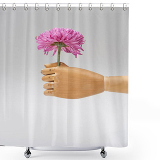 Personality  Hand Of Wooden Doll With Aster Flower Isolated On Grey Shower Curtains