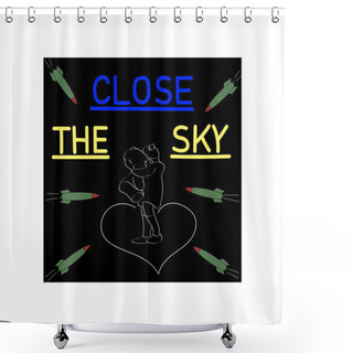 Personality  Illustration Of Kid With Teddy Bear Near Bombs And Close The Sky Lettering On Black Shower Curtains