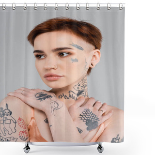Personality  Young Woman With Tattoos Looking Away Isolated On Grey  Shower Curtains