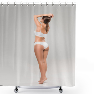 Personality  Full Length View Of Beautiful Slim Woman In Underwear Posing On Tiptoe On Grey Background Shower Curtains