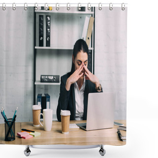 Personality  Portrait Of Overworked Businesswoman In Suit At Workplace With Laptop And Coffee To Go In Office Shower Curtains