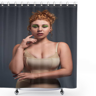Personality  Portrait Of Young Redhead And Curvy Woman In Bra And Corset Looking At Camera On Dark Grey Backdrop Shower Curtains