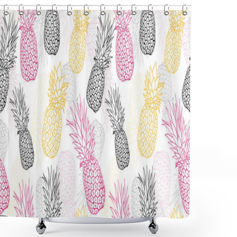 Personality  Vector yellow grey pink pineapple polka dot summer tropical seamless pattern background. Great as a textile print, party invitation or packaging. shower curtains