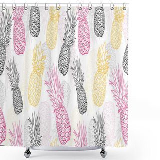 Personality  Vector Yellow Grey Pink Pineapple Polka Dot Summer Tropical Seamless Pattern Background. Great As A Textile Print, Party Invitation Or Packaging. Shower Curtains