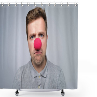 Personality  Mature Caucasian Man Wearing Clown Red Nose Isolated On Gray Background Shower Curtains