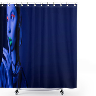 Personality  Young Woman With Bright Neon Visage Touching Green Lips And Showing Hush Gesture On Dark Blue Background, Banner Shower Curtains