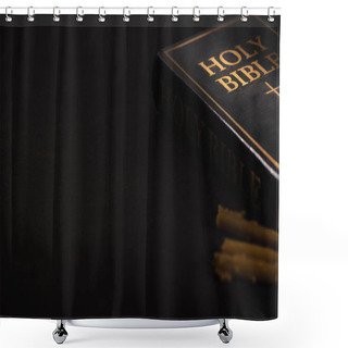 Personality  Selective Focus Of Holy Bible And Candles On Black Dark Background Shower Curtains