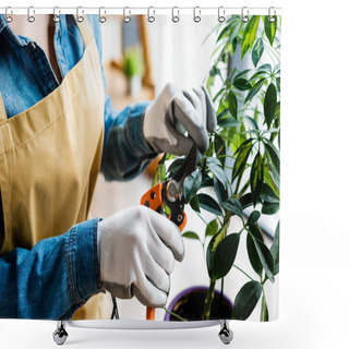 Personality  Cropped View Of Woman In Gloves Cutting Green Leaves With Gardening Scissors  Shower Curtains