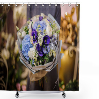 Personality  Woman Holding A Beautiful Bouquet In Blue And White Tones Shower Curtains