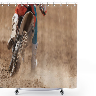 Personality  Racer Child On Motorcycle Participates In Motocross Race, Active Extreme Sport Shower Curtains