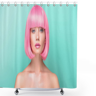 Personality  Confident Young Woman With Pink Bob Cut Looking At Camera Isolated On Turquoise Shower Curtains