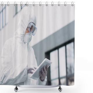 Personality  Asian Epidemiologist In Hazmat Suit And Respirator Mask Using Digital Tablet While Standing On Street Shower Curtains