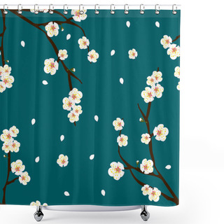 Personality  White Plum Blossom Flower On Indigo Blue Background. Vector Illustration. Shower Curtains