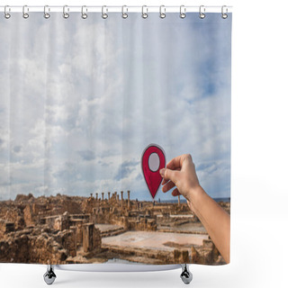 Personality  Cropped View Of Woman Holding Paper As Location Sign Near Ancient House Of Theseus  Shower Curtains
