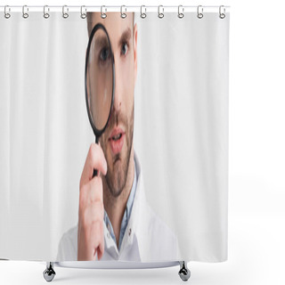Personality  Portrait Of Bearded Ophthalmologist Looking Through Loupe Isolated On White, Banner Shower Curtains