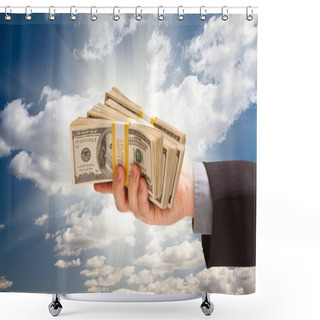 Personality  Male Hand Holding Stack Of Cash Over Clouds And Sky Shower Curtains