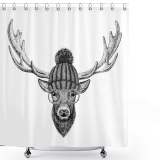 Personality  Cool Fashionable Deer Hipster Animal Vintage Style Illustration For Tattoo, Logo, Emblem, Badge Design Shower Curtains