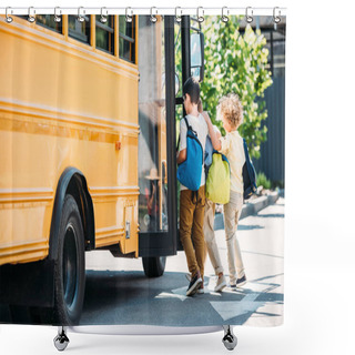 Personality  Adorable Little Schoolboys Entering School Bus Shower Curtains