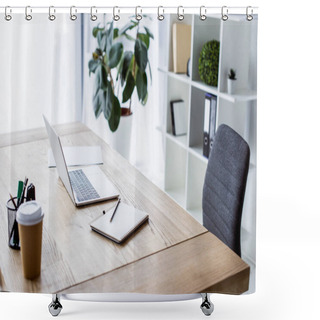 Personality  Laptop And Coffee In Paper Cup On Table In Business Workspace Shower Curtains