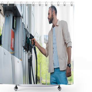 Personality  Low Angle View Of Man Holding Fuel Nozzle At Gas Station  Shower Curtains