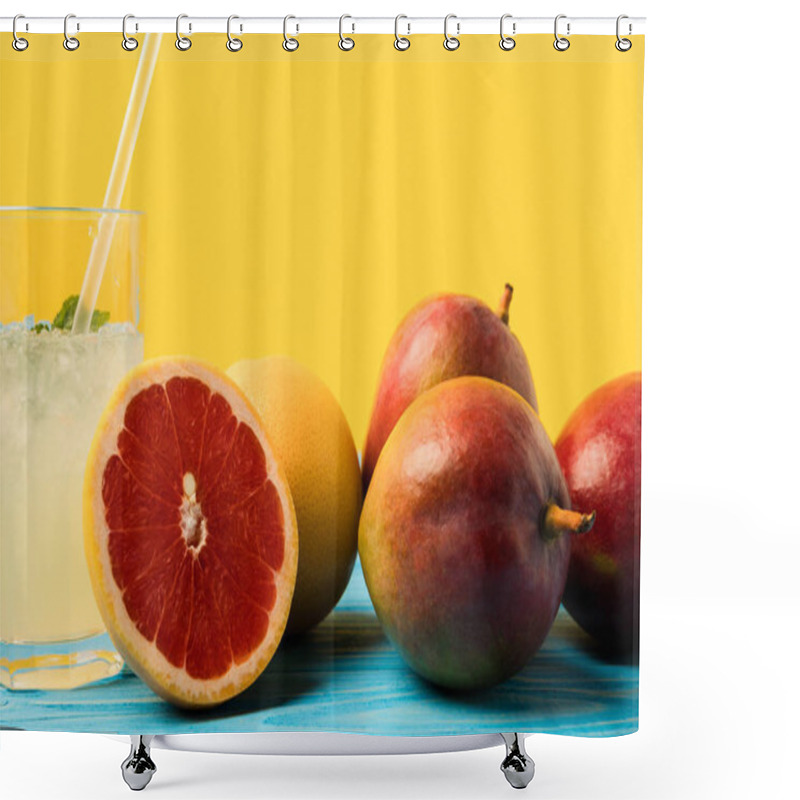 Personality  Close-up View Of Fresh Ripe Grapefruits And Mangoes And Glass With Cold Summer Drink On Yellow Shower Curtains