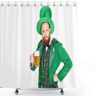 Personality  Bearded Man In Green Costume Holding Cigar And Glass Of Beer Isolated On White Shower Curtains