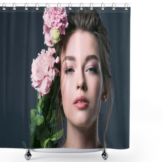 Personality  Close-up Portrait Of Beautiful Young Woman With Pink Eustoma Flowers Behind Ear Looking At Camera Isolated On Grey Shower Curtains