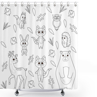 Personality  Coloring Book With Cute Forest Animals On The Floral Abstract Background. Vector Illustration Shower Curtains