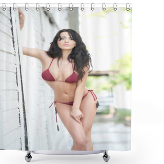 Personality  Fashion Portrait Of Sexy Brunette Girl In Swimsuit Leaning On A Wooden Wall. Sensual Attractive Woman With Red Bikini Posing Outdoor. Woman With Perfect Body And Long Hair Posing Provocative Shower Curtains