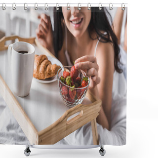 Personality  Cropped View Of Young Brunette Woman Having Croissant, Strawberry And Cocoa For Breakfast In Bed Shower Curtains