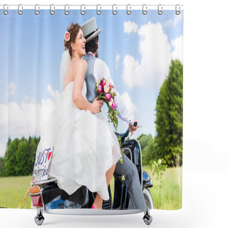 Personality  Wedding Couple On Motor Scooter Just Married Shower Curtains