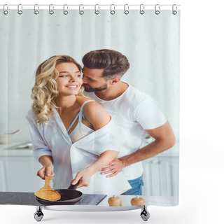 Personality  Handsome Young Man Hugging Happy Girlfriend Cooking Pancake On Frying Pan  Shower Curtains