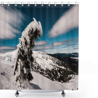 Personality  Scenic View Of Mountain And Pine Tree Covered With Snow Against Dark Sky With Fluffy Clouds Shower Curtains