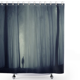 Personality  Silhouette Of Man In The Fog In A Forest Shower Curtains