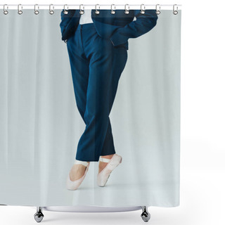 Personality  Cropped View Of Businesswoman In Ballet Shoes, Isolated On Grey Shower Curtains