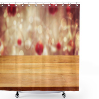 Personality  Table Over Christmas Bokeh Background Shower Curtains